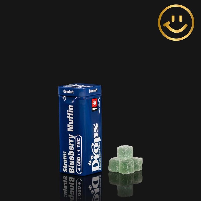 Blue canister and green edibles labeled 