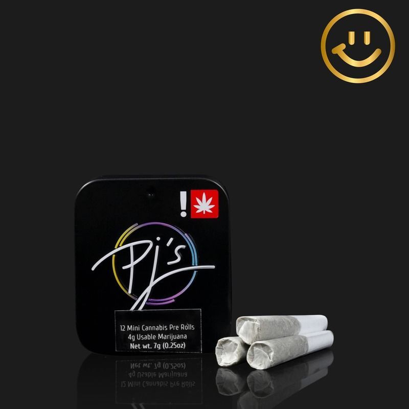 Black container of PJ's mini cannabis pre-rolls with three joints in front, and a gold smiley face logo.