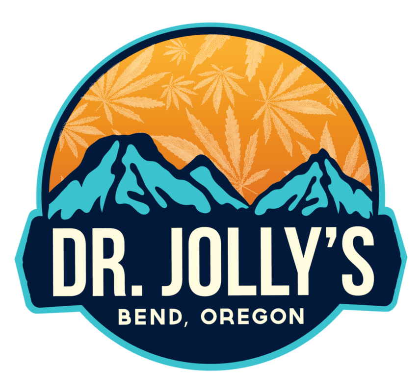 Logo for Dr. Jolly's Bend, Oregon: Mountains over dark text, with cannabis leaf background, and teal and orange colors.