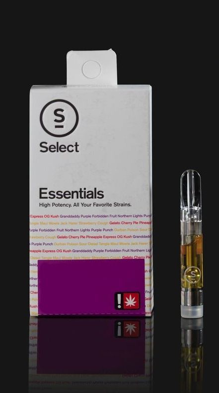 Select Essentials cannabis vape cartridge and packaging on a dark surface.