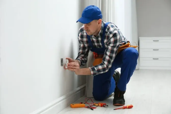 Electrician repairing wall outlet
