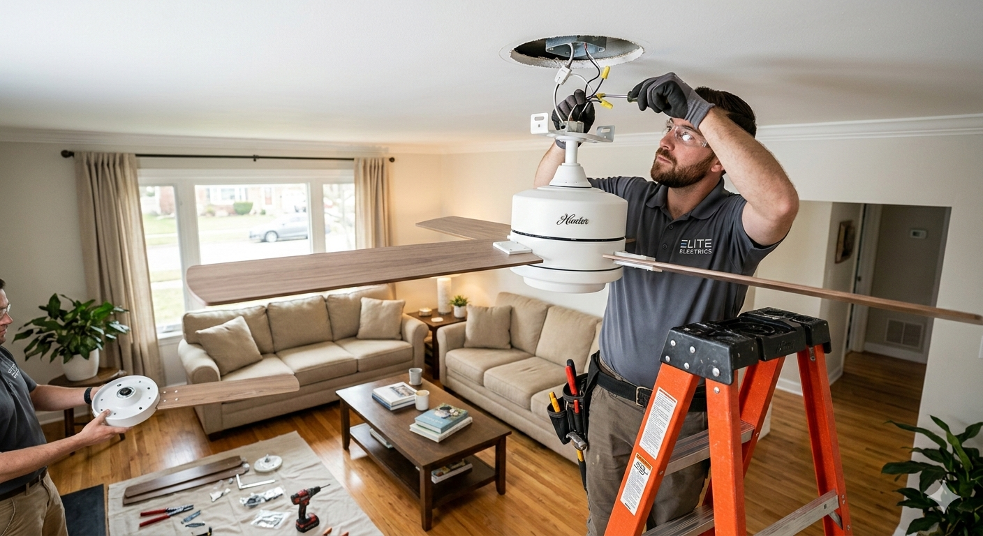 Electrician installing modern ceiling fan.