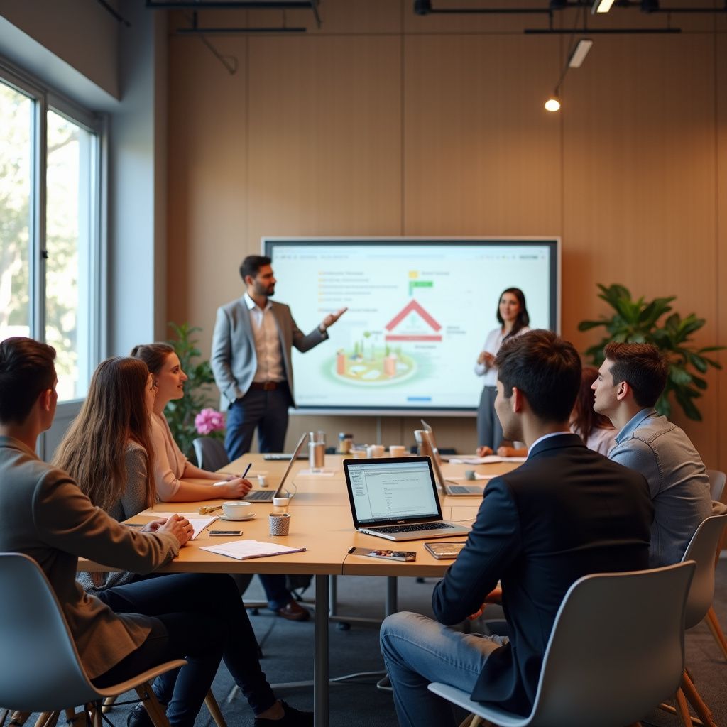 Man at whiteboard speaking to group in PD training session