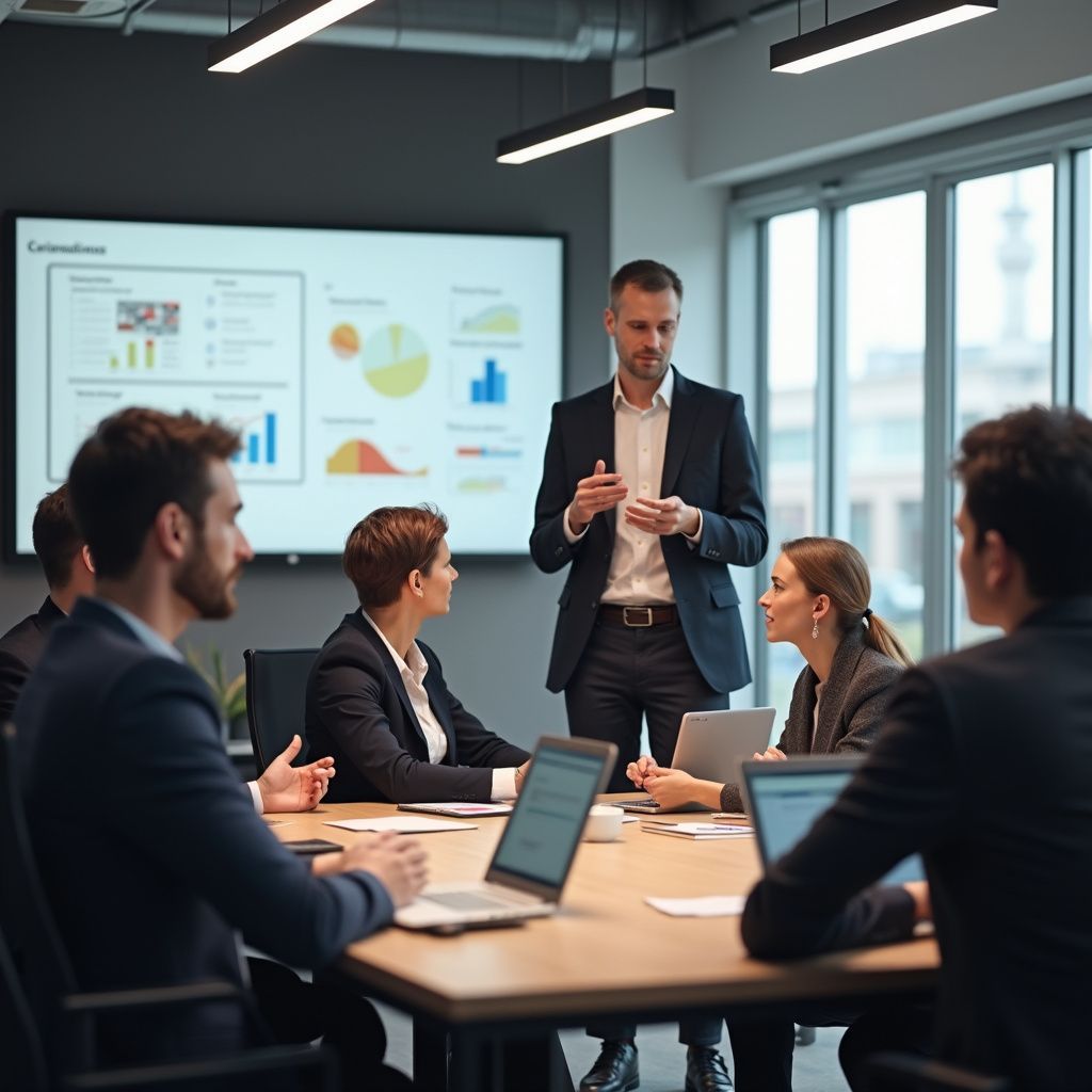 Man standing at group training session talking with group