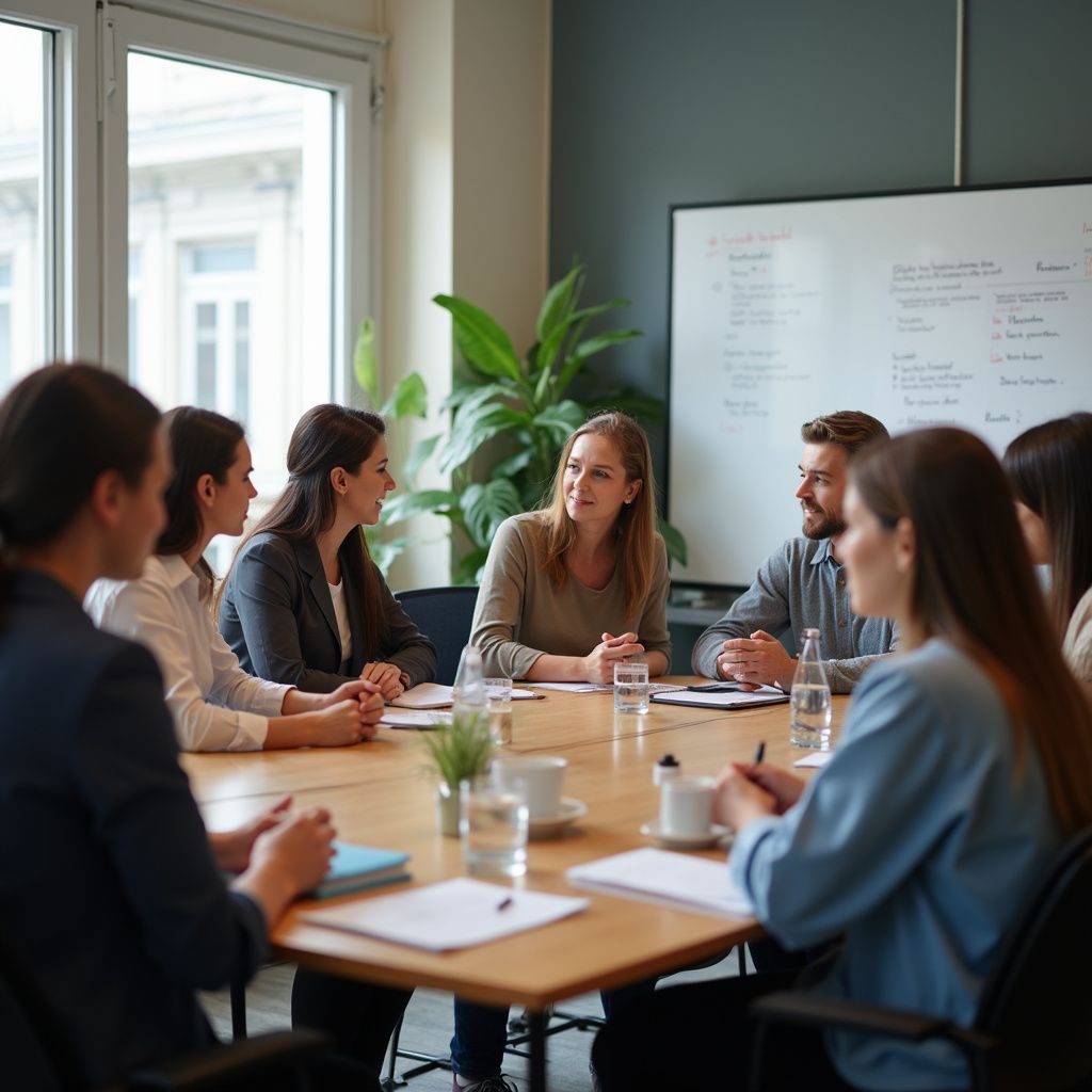 group of people talking at professional training session