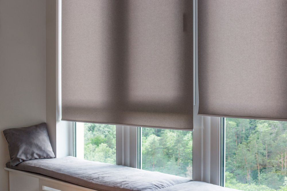 Beige Automatic Blind On Large Windows — Studio Curtains & Blinds in Mount Gravatt, QLD