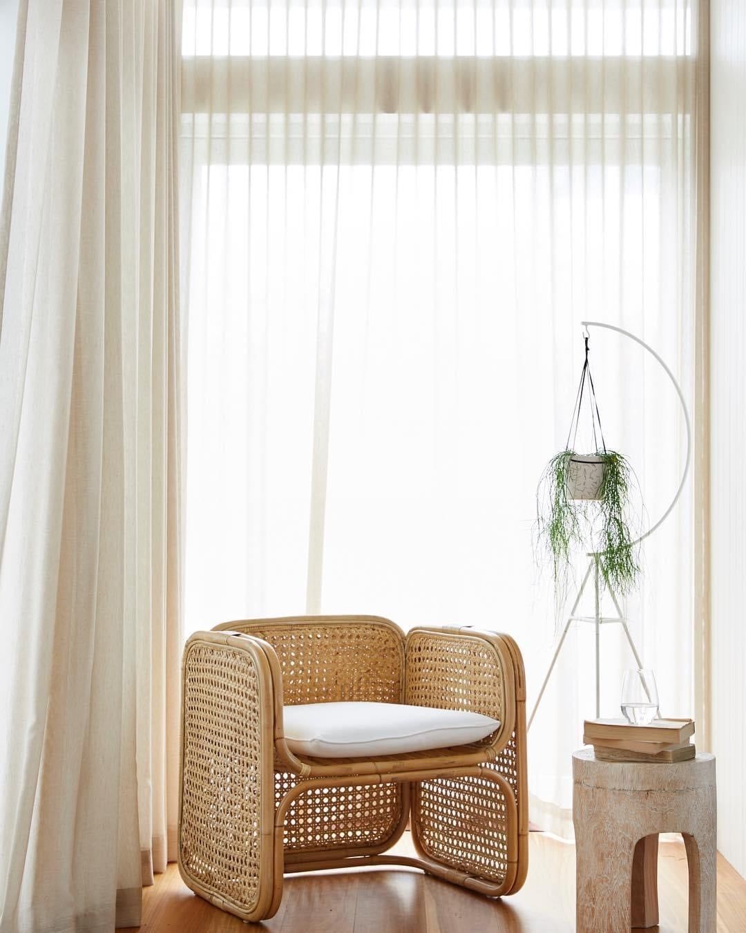 Hanging Plant, Rattan Chair And A Sheer Curtain — Studio Curtains & Blinds in Mount Gravatt, QLD