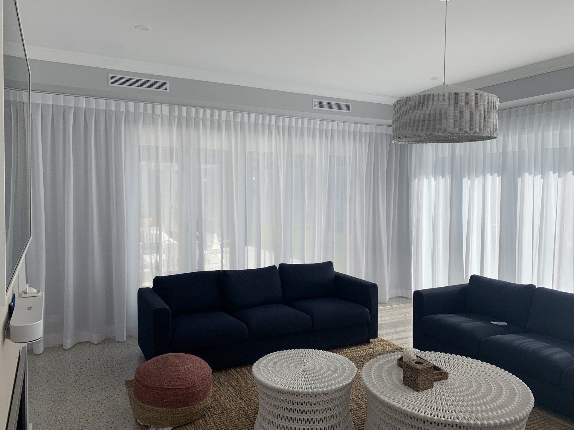 Living Room With White Curtains — Studio Curtains & Blinds in Mount Gravatt, QLD
