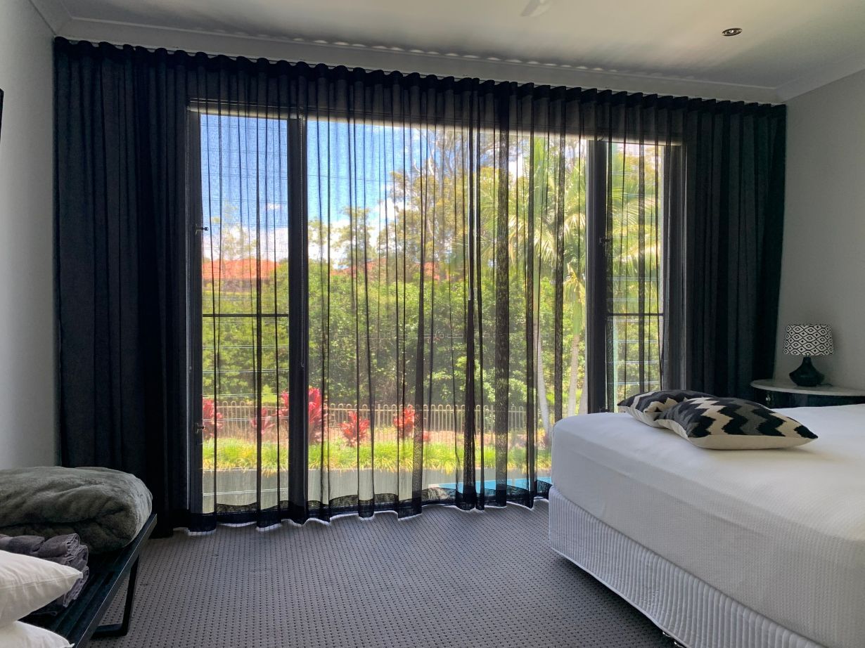 Sheer Curtains In Bedroom — Studio Curtains & Blinds in Mount Gravatt, QLD