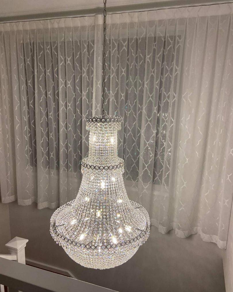 Elegant Chandelier & White Curtains — Studio Curtains & Blinds in Mount Gravatt, QLD
