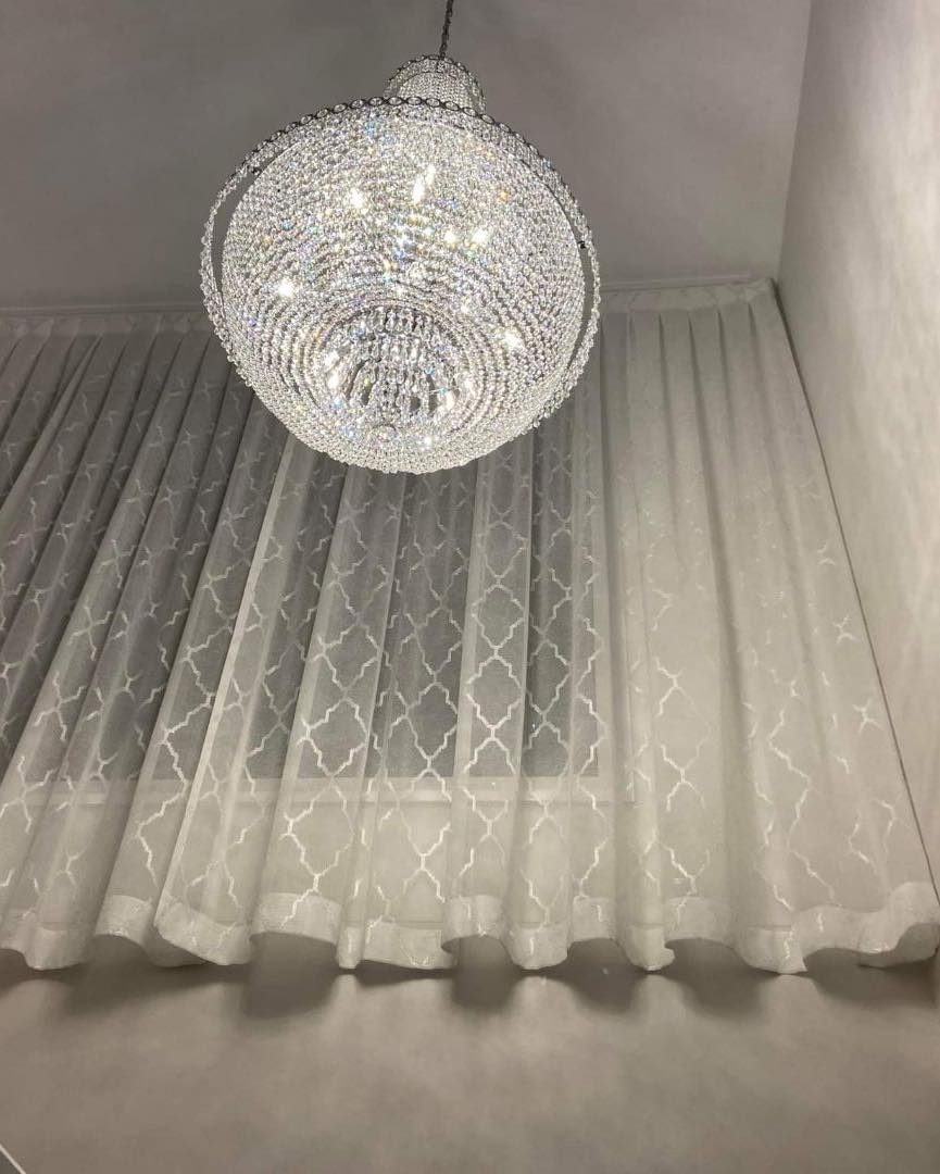 White Curtains & A Beautiful Chandelier — Studio Curtains & Blinds in Brisbane, QLD