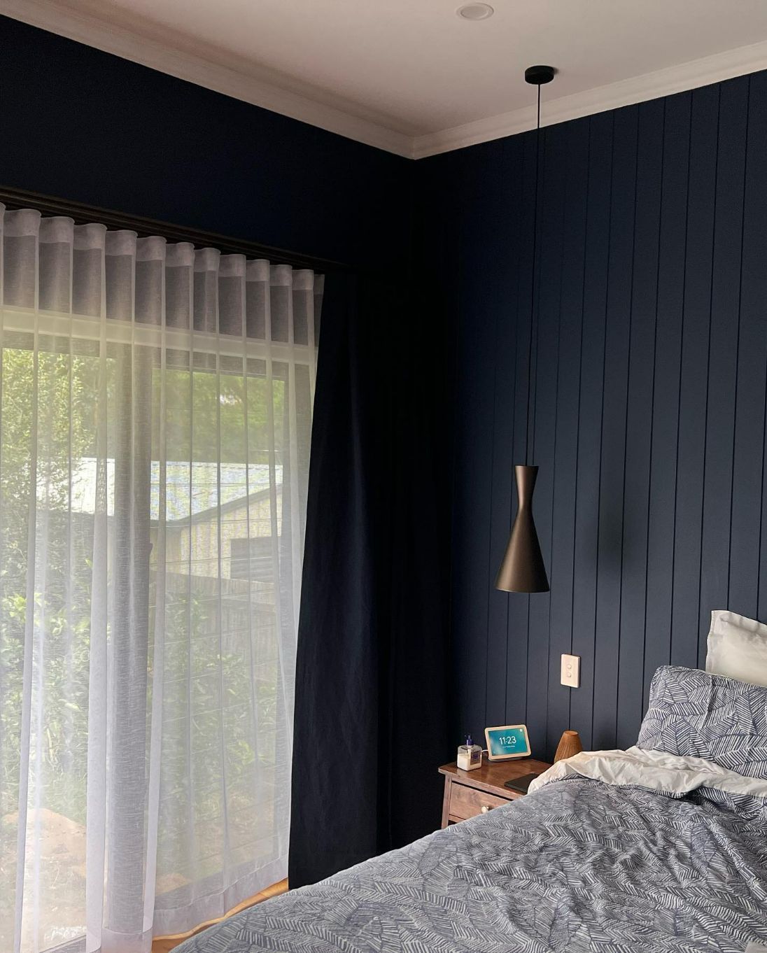 Bedroom With Midnight Blue And White Sheer Curtains — Studio Curtains & Blinds in Brisbane, QLD