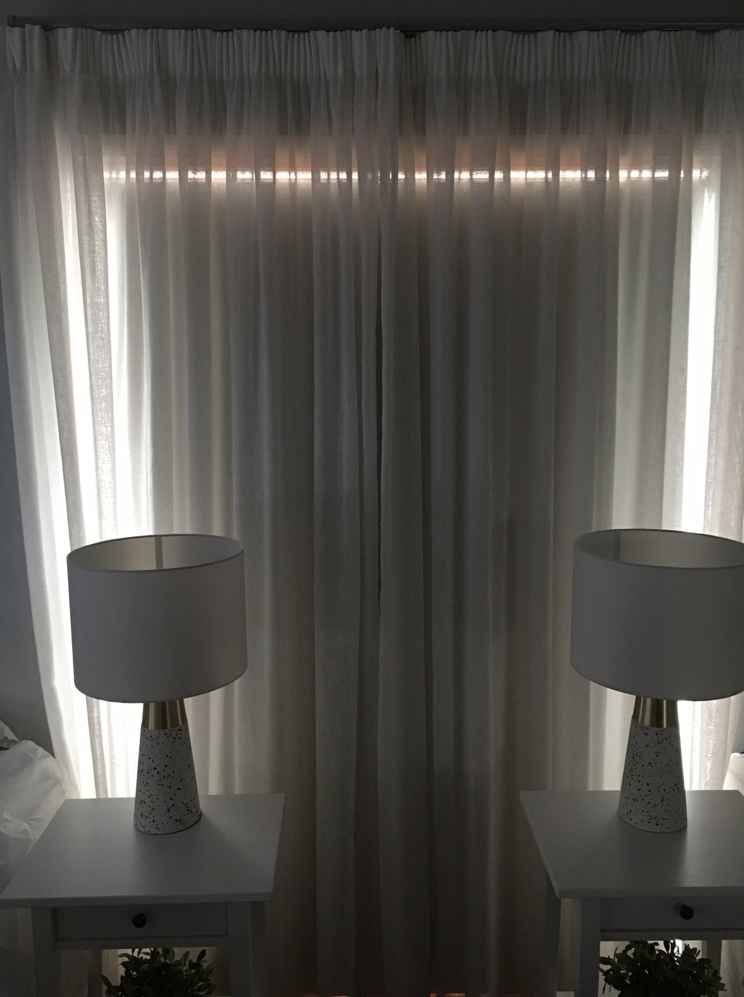 White Pencil Pleated Curtains & Two Lampshades — Pencil Pleat Curtains in Brisbane, QLD