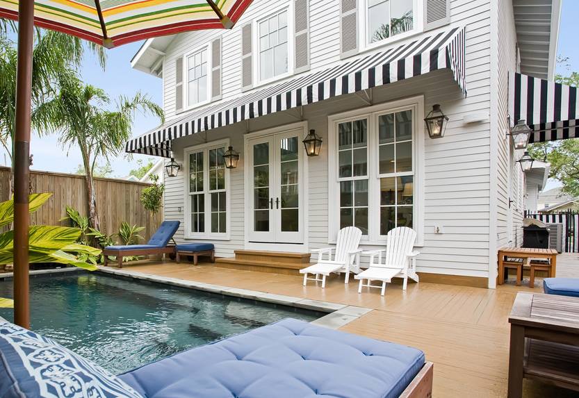 Black & White Awnings Near The Pool — Awnings in Brisbane, QLD
