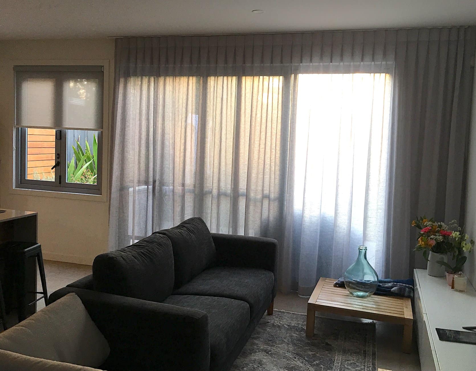 Living Room With Inverted Pleat Curtains — Studio Curtains & Blinds in Mount Gravatt, QLD