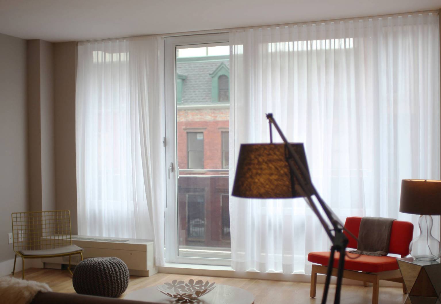 White Long Curtains & A Lamp — Studio Curtains & Blinds in Mount Gravatt, QLD