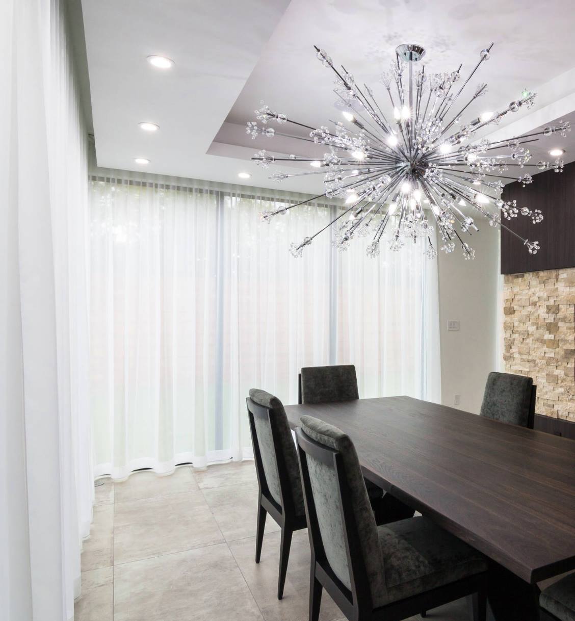 Elegant Dining Room With White Curtains — Studio Curtains & Blinds in Mount Gravatt, QLD