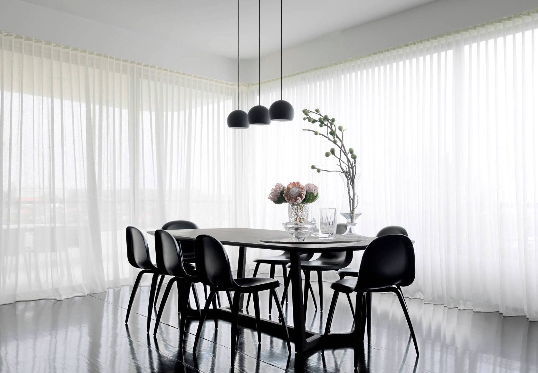 White Curtains In A Dining Room — Studio Curtains & Blinds in Mount Gravatt, QLD