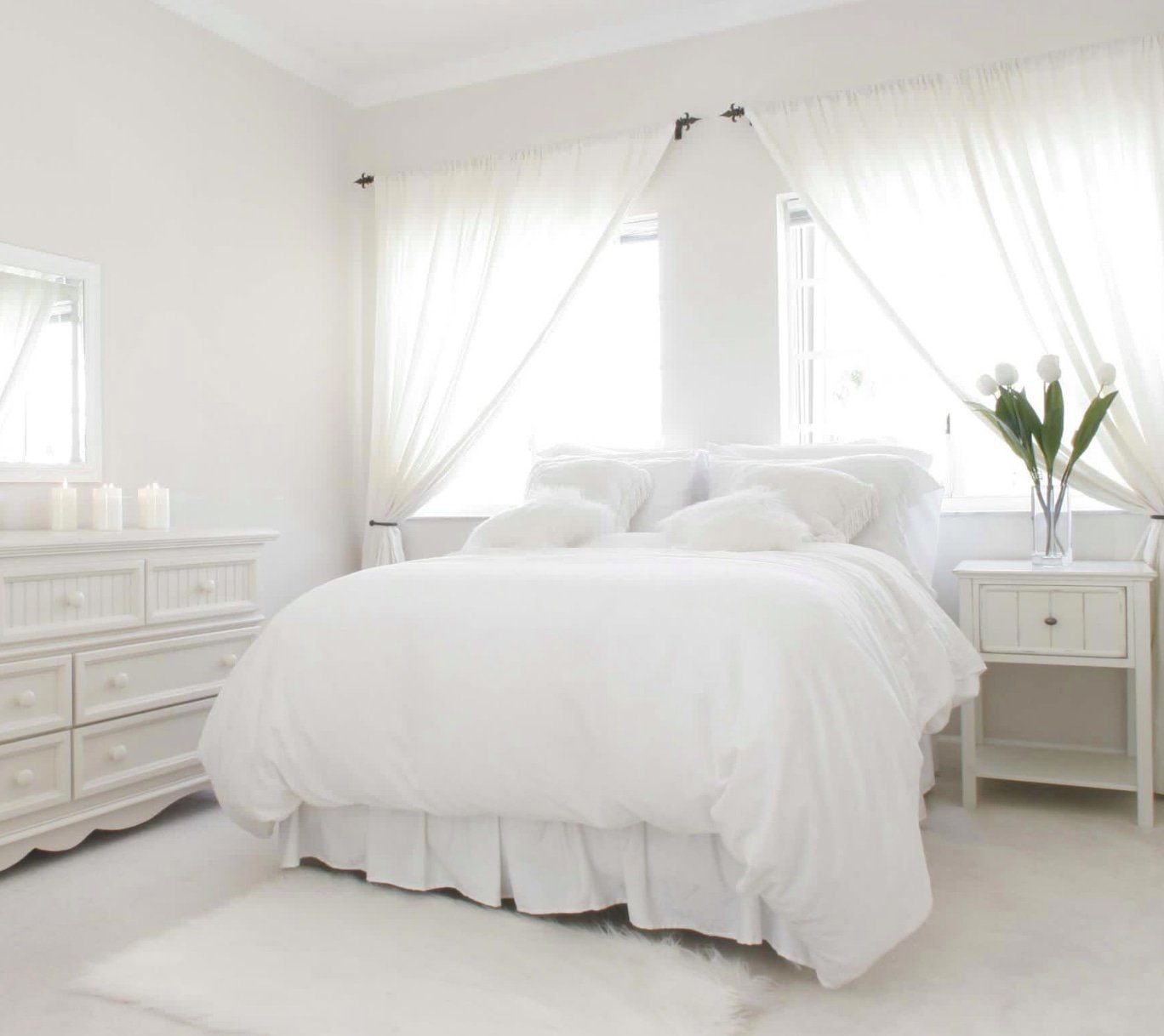 White Curtains In A White Bedroom — Studio Curtains & Blinds in Mount Gravatt, QLD