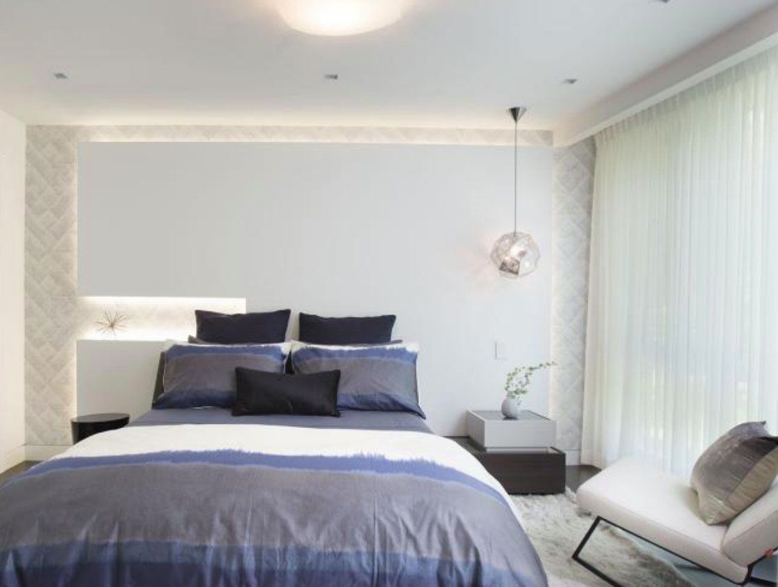 Blue & Grey Sheets Of Bed — Studio Curtains & Blinds in Mount Gravatt, QLD