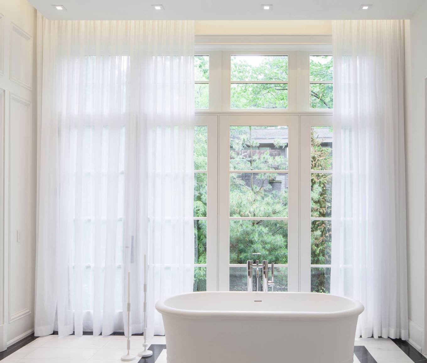 White Curtains In A Bathroom — Studio Curtains & Blinds in Mount Gravatt, QLD