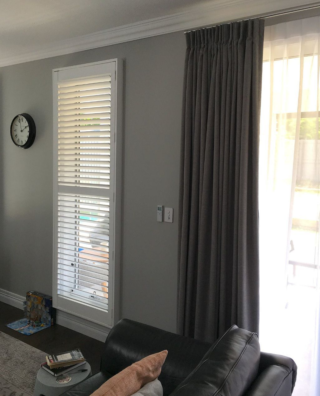 Window Shutters & Grey Curtains — Studio Curtains & Blinds in Mount Gravatt, QLD