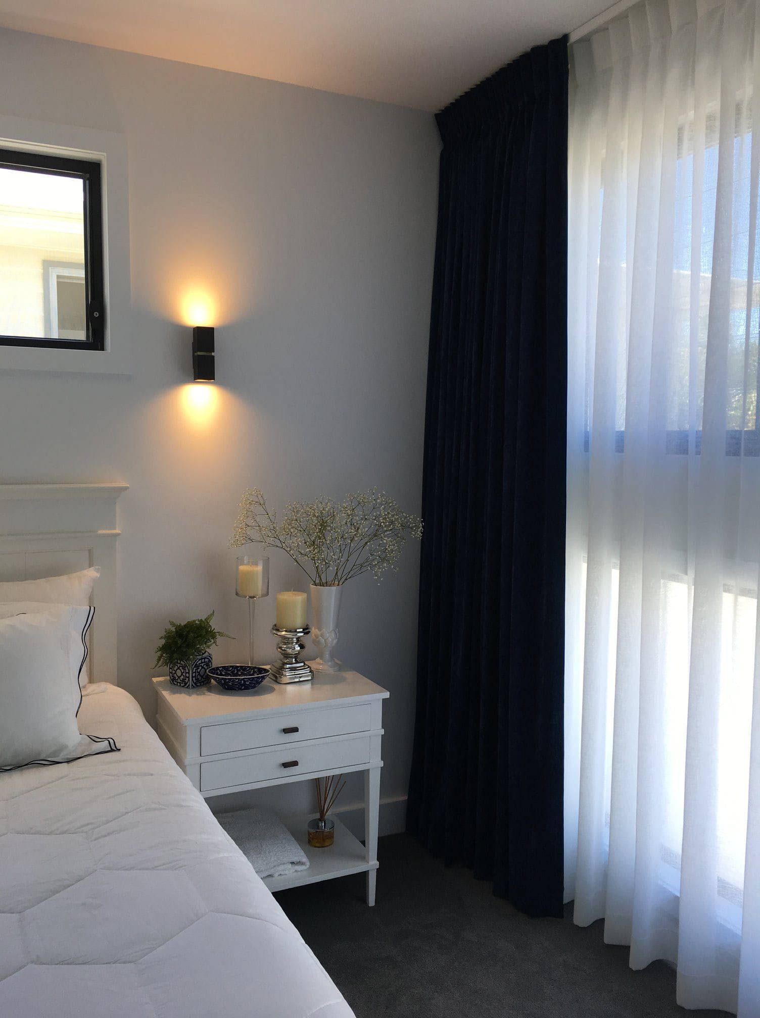 Midnight Blue Velvet Curtains In A Bedroom — Studio Curtains & Blinds in Mount Gravatt, QLD