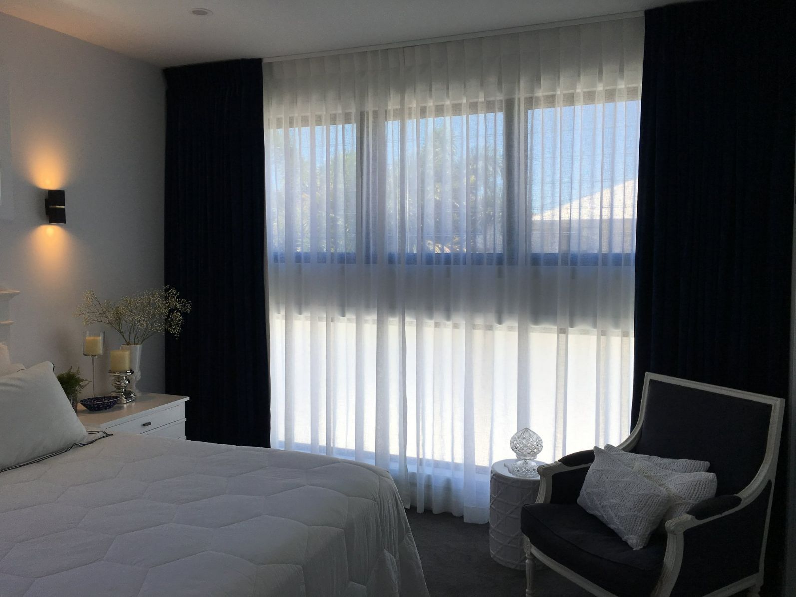 Midnight Blue Curtains & A White Sheer Curtains — Studio Curtains & Blinds in Mount Gravatt, QLD