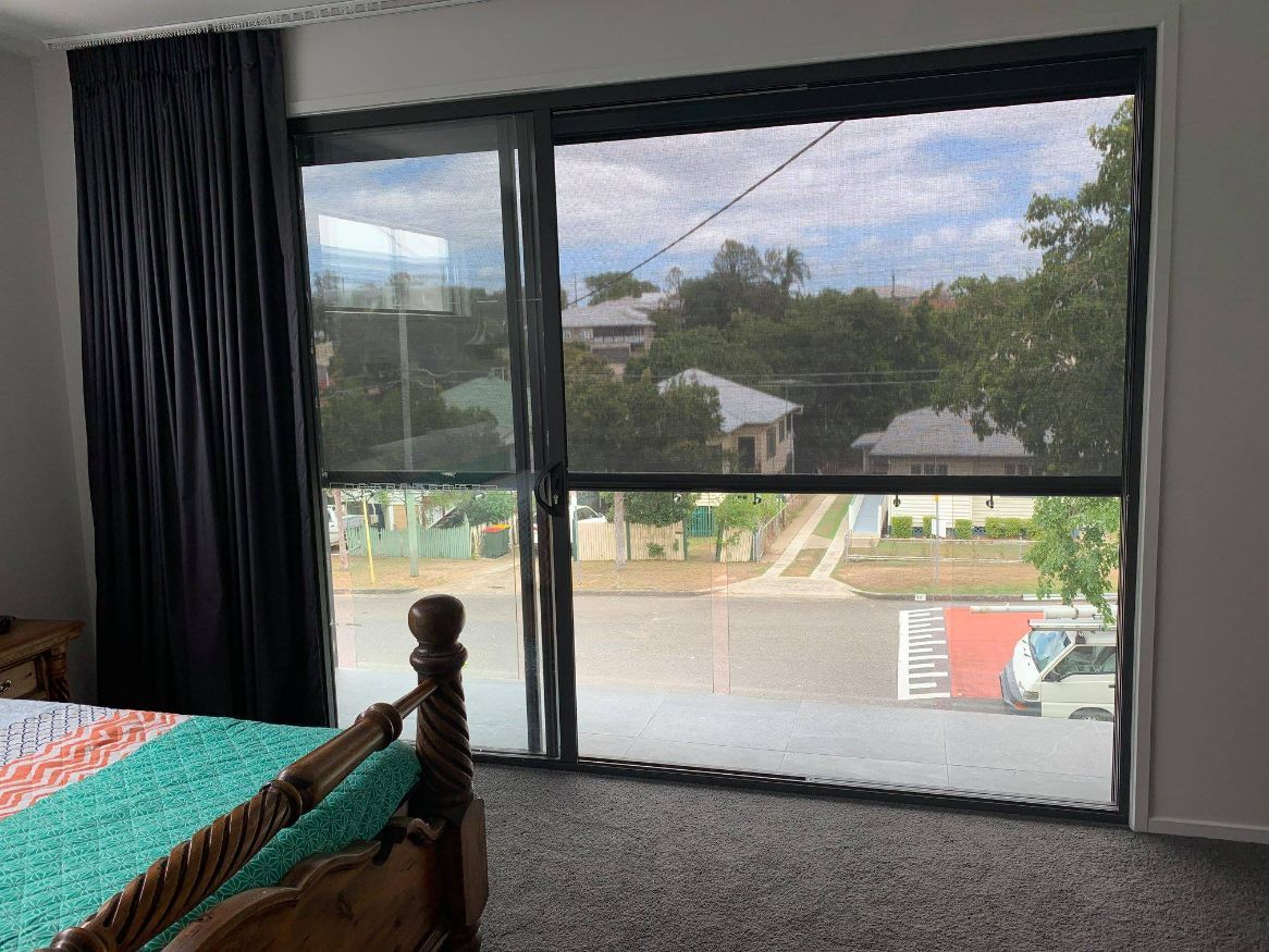 Window Screens With Black Curtains — Studio Curtains & Blinds in Brisbane Southside, QLD