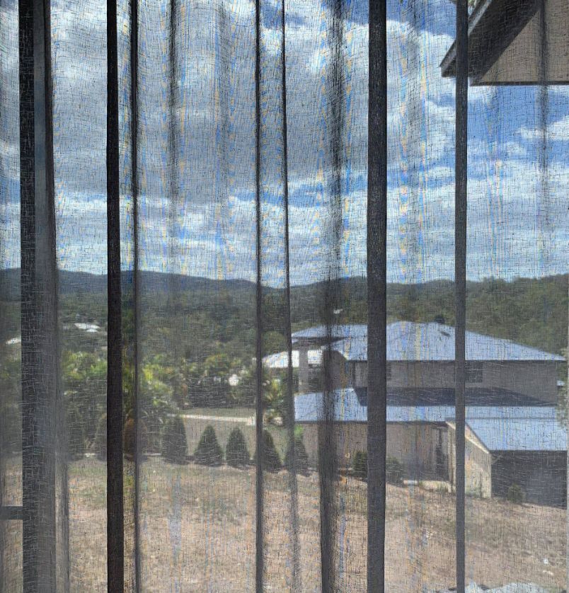 Grey Sheer Curtains & A View From The Outside — Studio Curtains & Blinds in Mount Gravatt, QLD