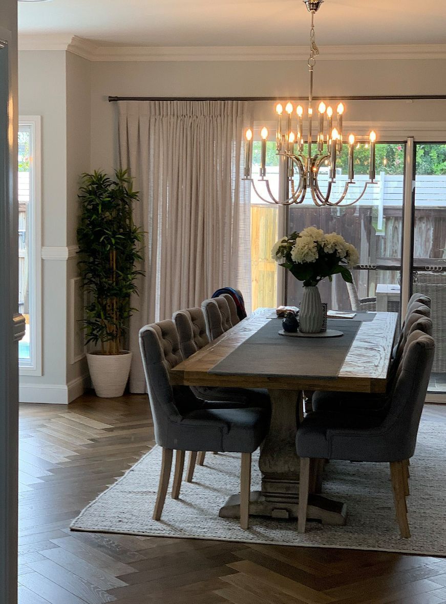 Linen Curtains In A Dining Room — Studio Curtains & Blinds in Mount Gravatt, QLD