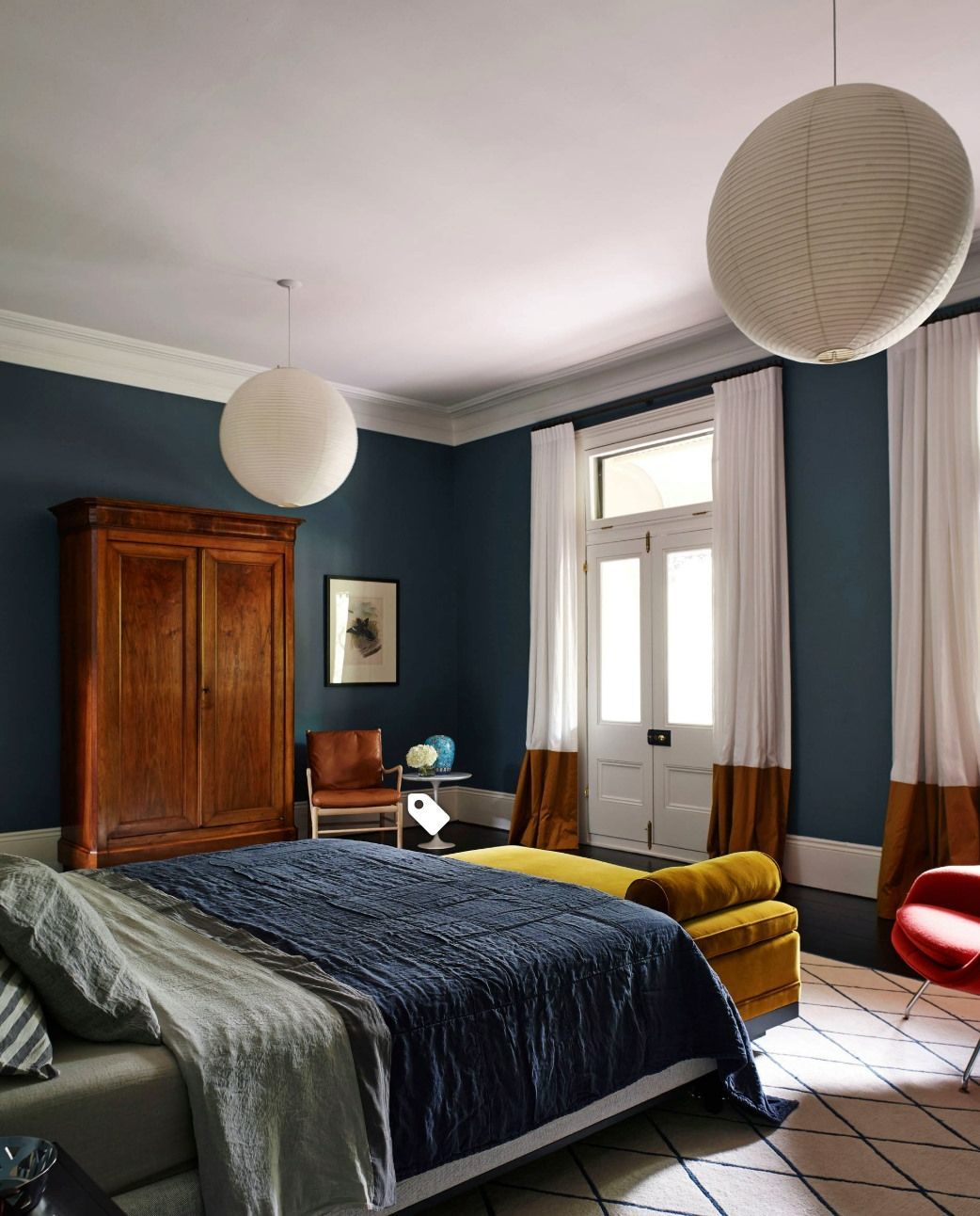 Bedroom With Circle Pendant Lights — Studio Curtains & Blinds in Mount Gravatt, QLD