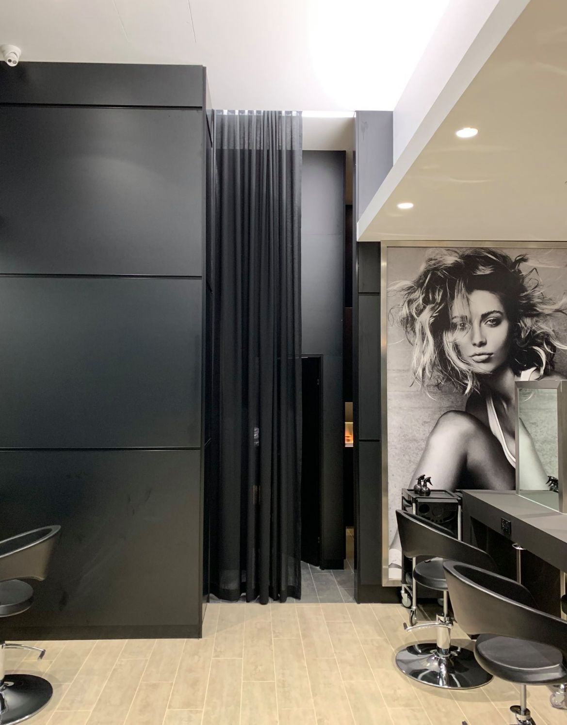 Long Black Curtains At The Salon — Studio Curtains & Blinds in Brisbane Southside, QLD