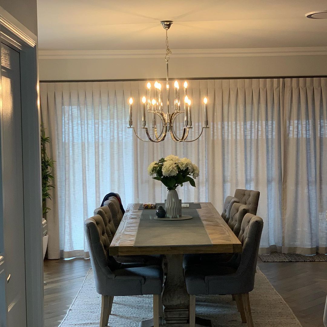 Elegant Dining Room With Inverted Pleat Curtains — Studio Curtains & Blinds in Mount Gravatt, QLD