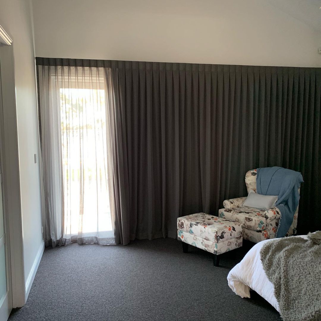 Grey Inverted Pleat Curtains — Studio Curtains & Blinds in Mount Gravatt, QLD