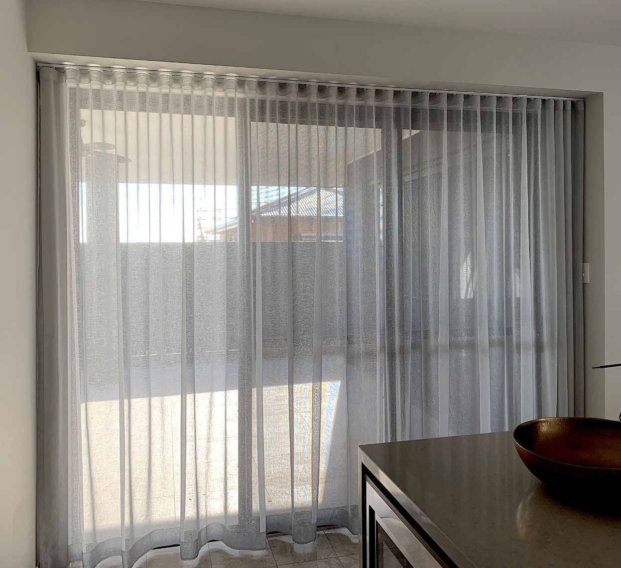 White S-Fold Curtains In Kitchen — Studio Curtains & Blinds in Mount Gravatt, QLD