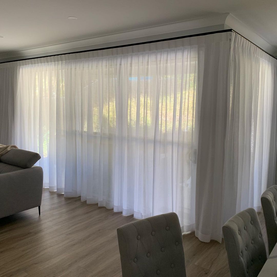 White Inverted Pleat Curtains In Living Room — Studio Curtains & Blinds in Mount Gravatt, QLD