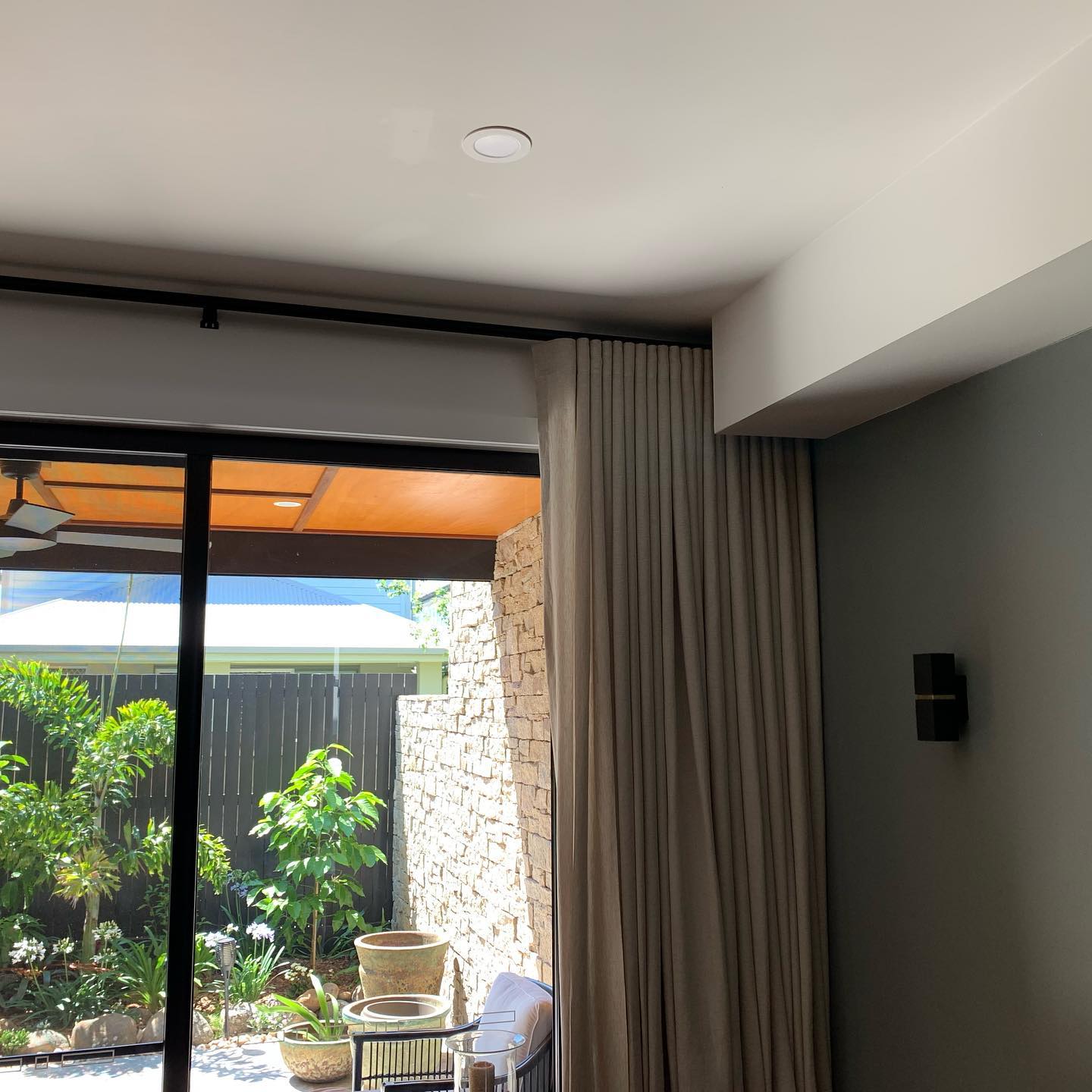 Semi-sheer Pure Linen Installed On A Satin Black Rod — Studio Curtains & Blinds in Mount Gravatt, QLD
