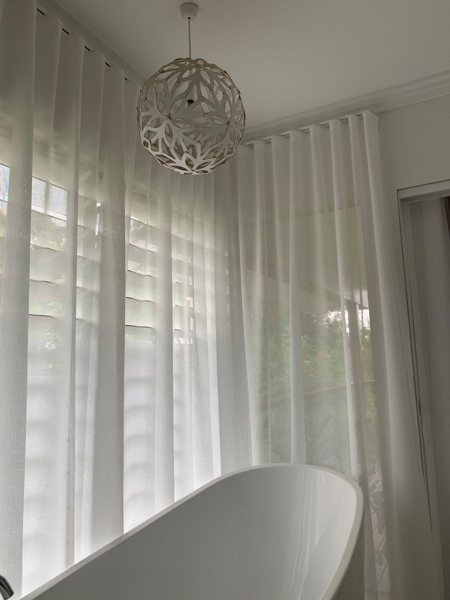 White Curtains & White Pendant Light — Studio Curtains & Blinds in Mount Gravatt, QLD