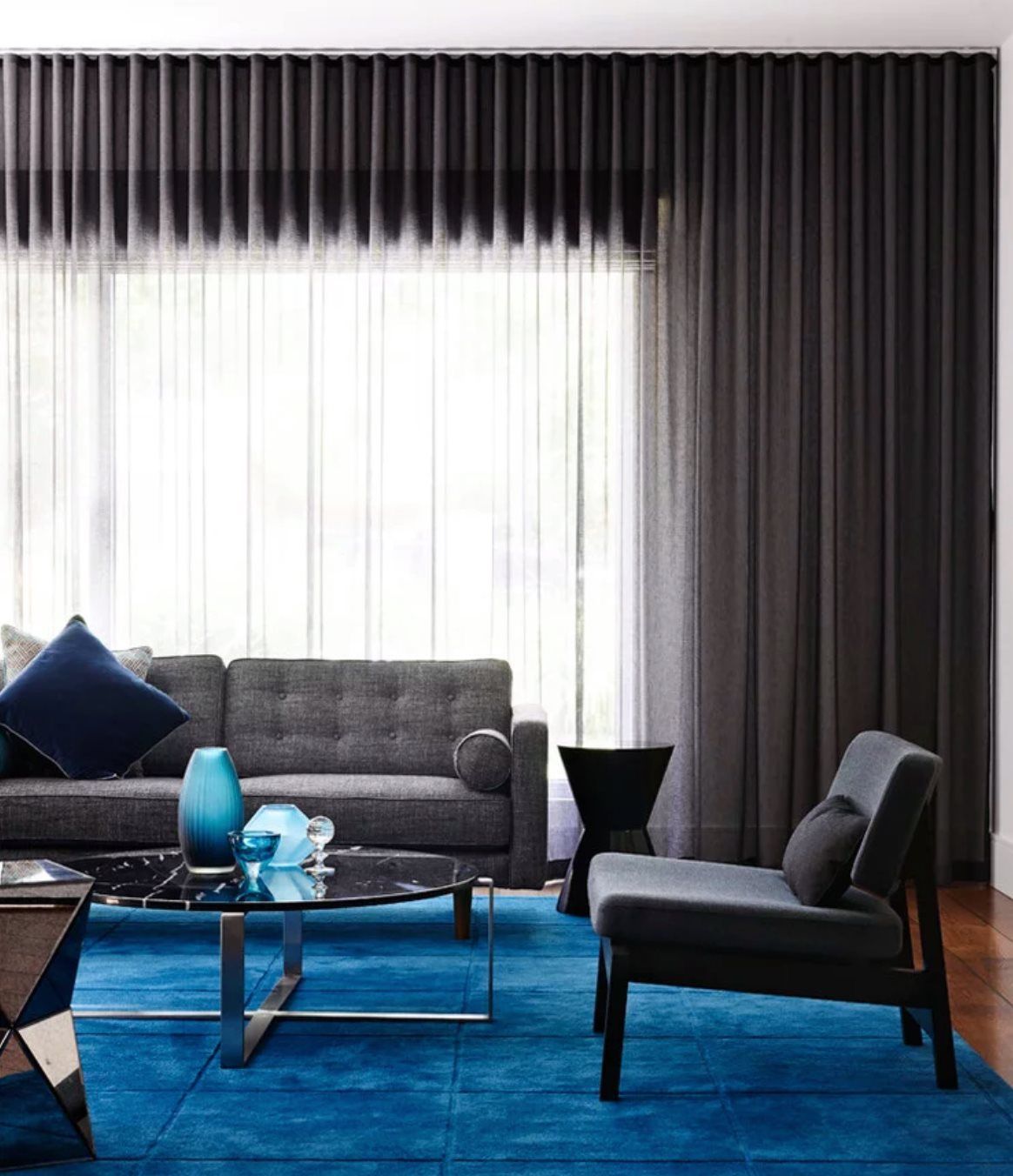 Grey & Blue Living Room — Studio Curtains & Blinds in Mount Gravatt, QLD