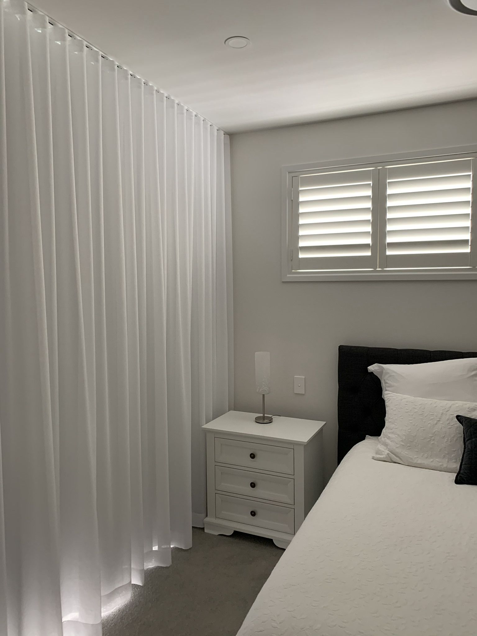 White Bedroom With White Curtains — Cheap Curtains in Brisbane, QLD