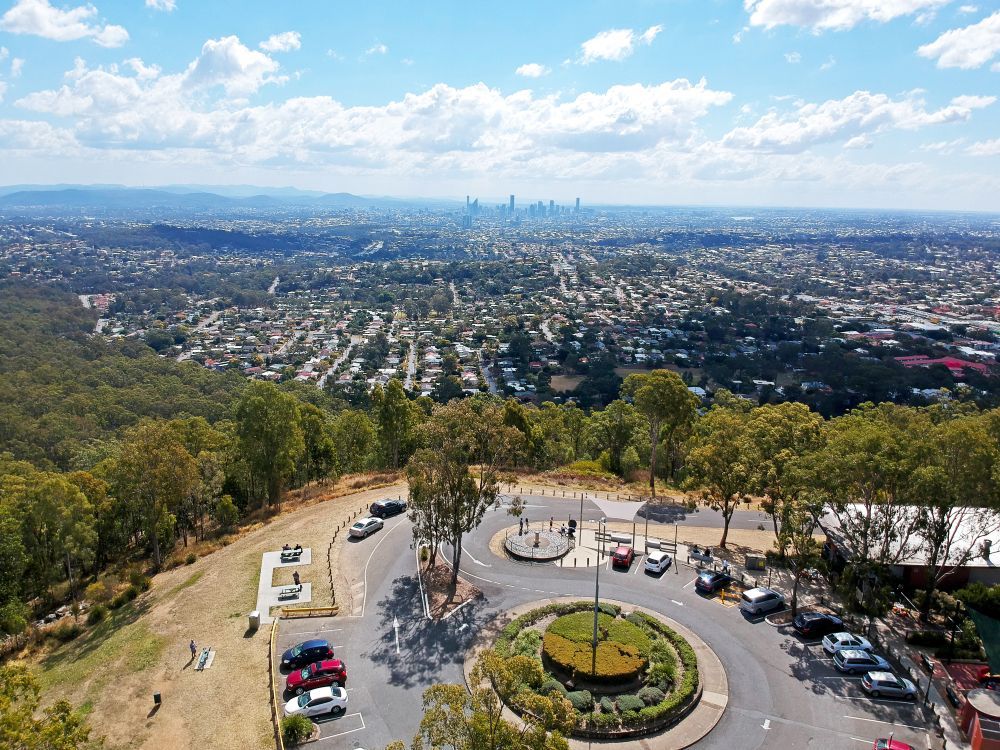 An Aerial View of a Parking Lot on Top of a Hill Overlooking a City — Studio Curtains & Blinds in Mount Gravatt, QLD