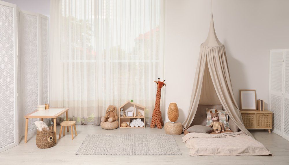Cozy Kids Room With Toys & A Sheer Curtains — Studio Curtains & Blinds in Mount Gravatt, QLD