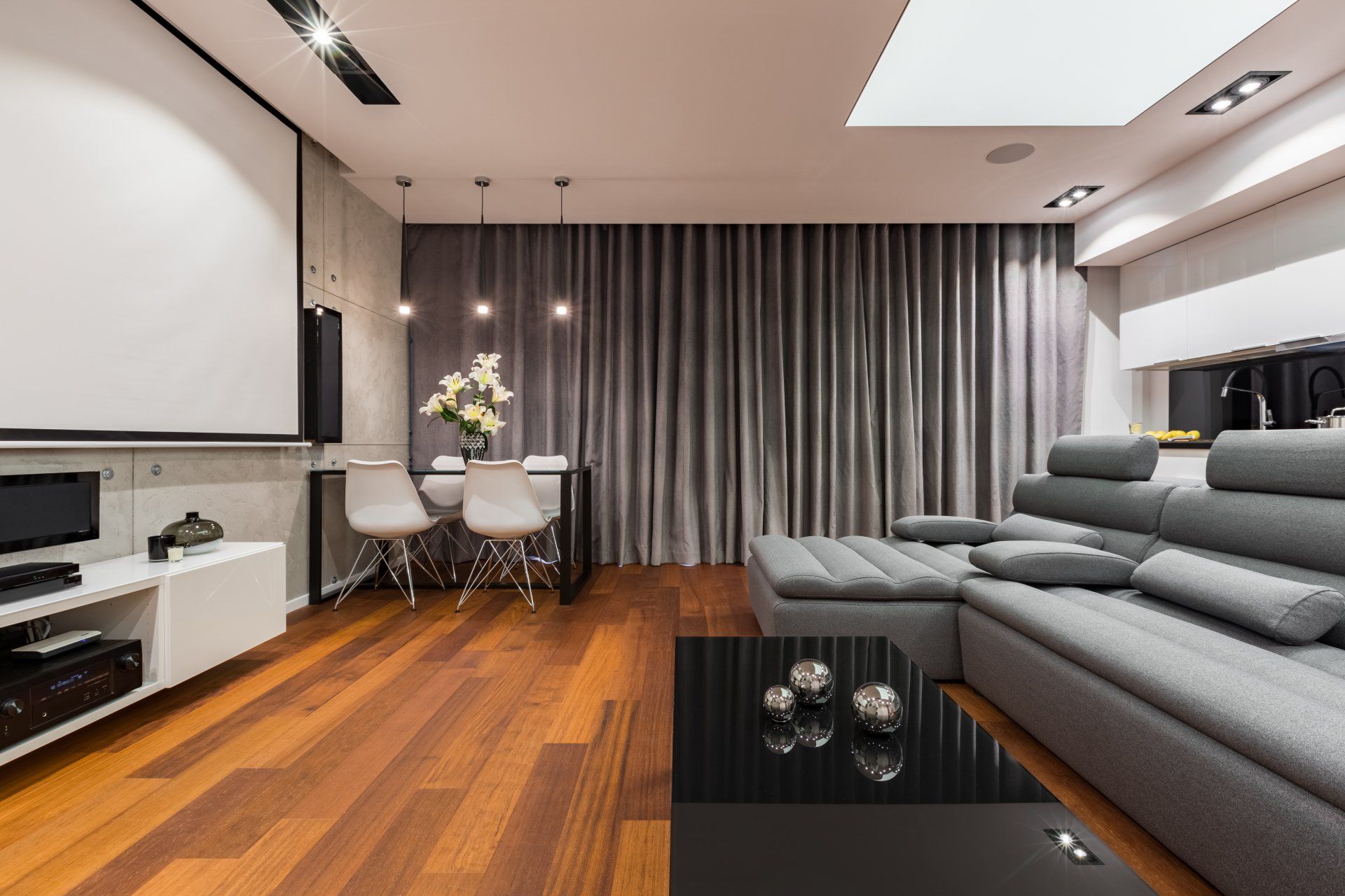 Grey & White Apartment With Projector Screen — Studio Curtains & Blinds in Mount Gravatt, QLD