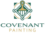 Logo for Covenant Painting: green and gold brush icon inside square frame above text.