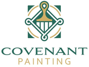 Logo for Covenant Painting: green and gold brush icon inside square frame above text.