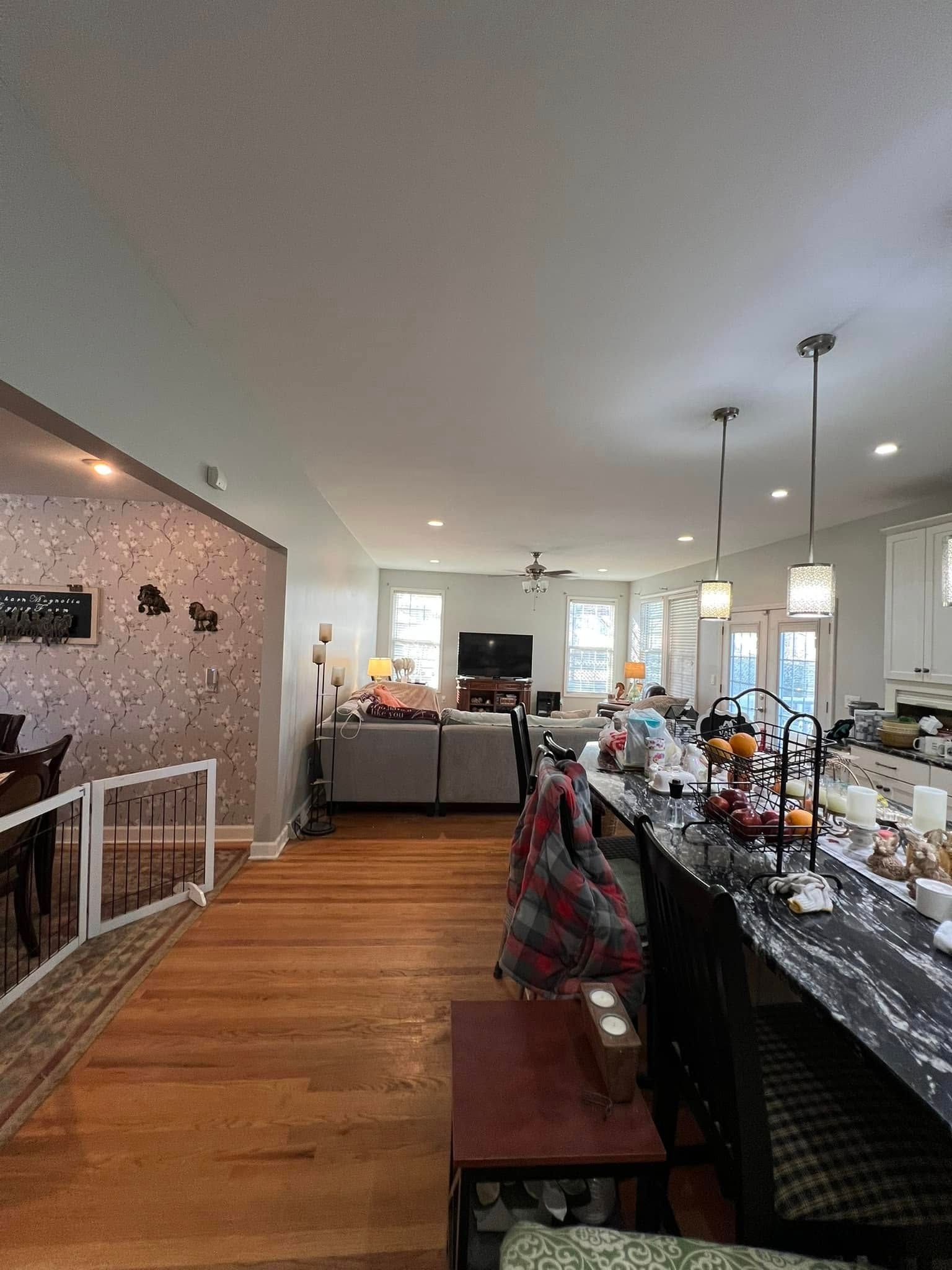 Long open-concept room with wood floors, kitchen island, living area, and a baby gate.