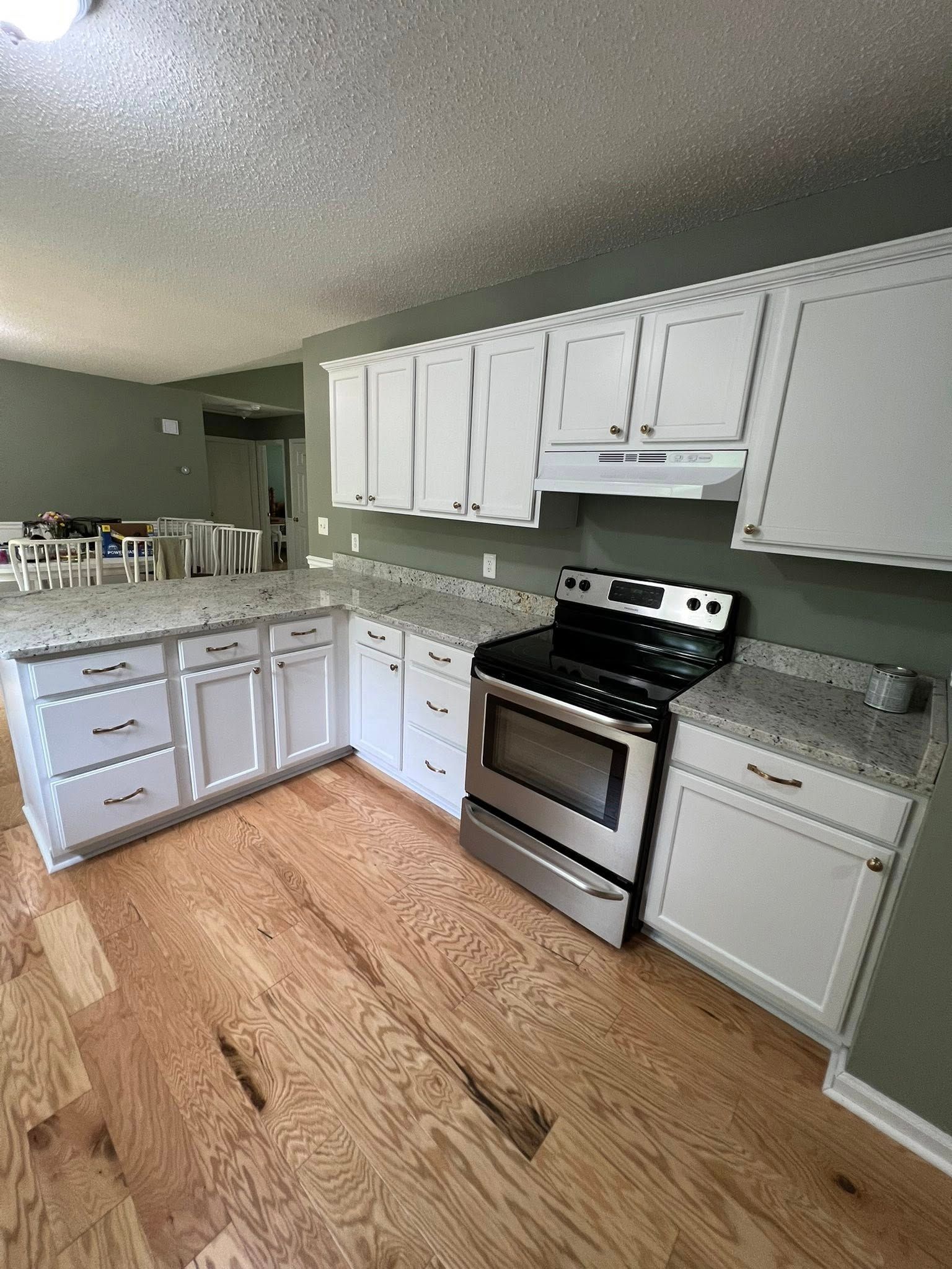 White kitchen cabinets, stainless steel oven, and granite countertops. Hardwood floors and green walls.