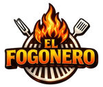 Logotipo de El Fogonero con parrilla en llamas, tenedor y espátula en naranja, rojo y negro.