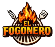 Logotipo de El Fogonero con parrilla en llamas, tenedor y espátula en naranja, rojo y negro.